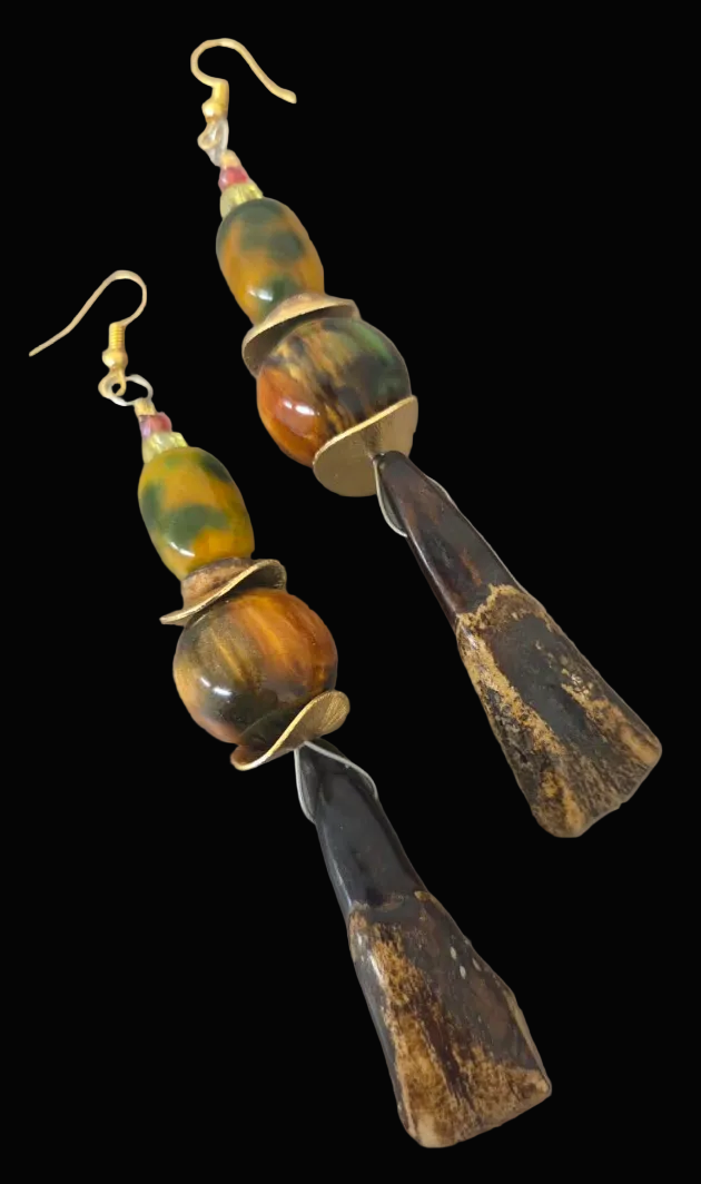 Stained Buffalo Incisor Teeth & Bead Shoulder Duster Earrings - Autumn