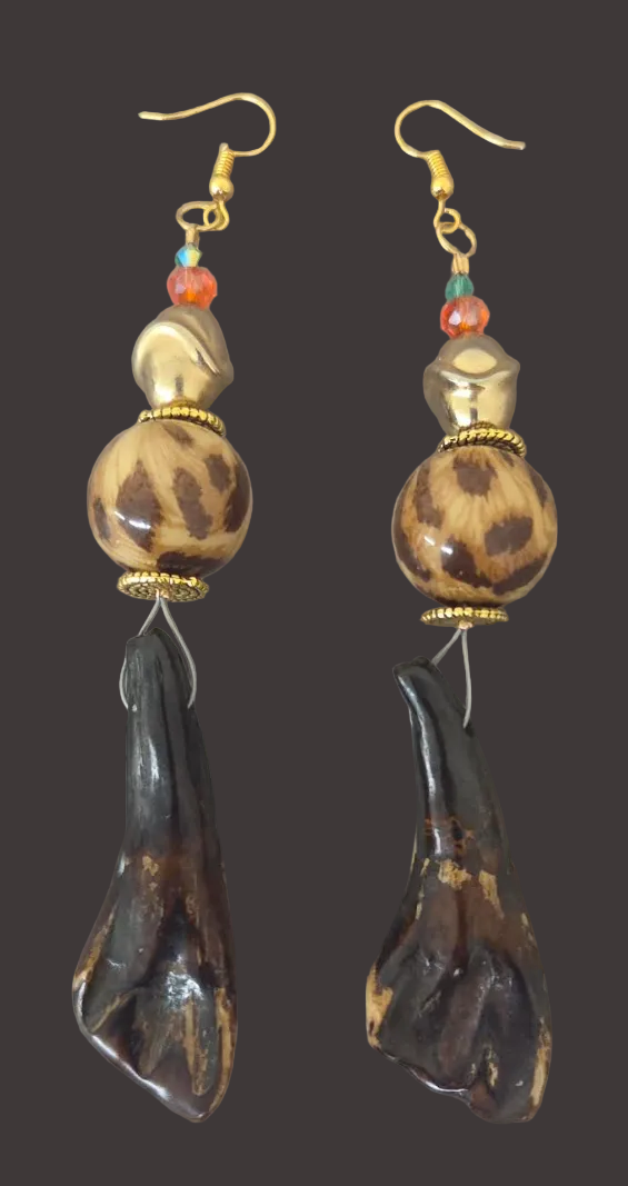 Wild Leopard & Buffalo Teeth Extra Long Pierced Earrings