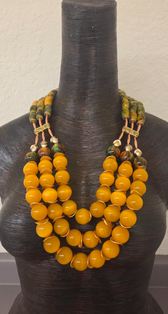 Yellow-Orange Tiger's Eye Beaded Triple Strand Chest Piece - Autumn