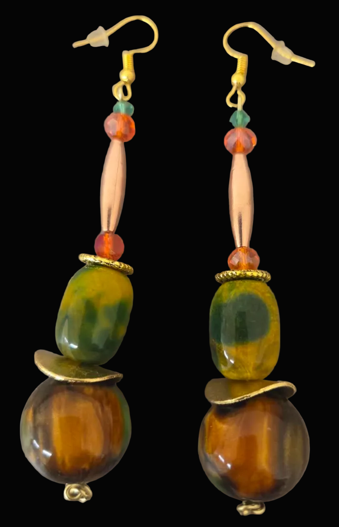 Earthy Brown Green Gold & Orange Beaded Dangle Pierced Earrings