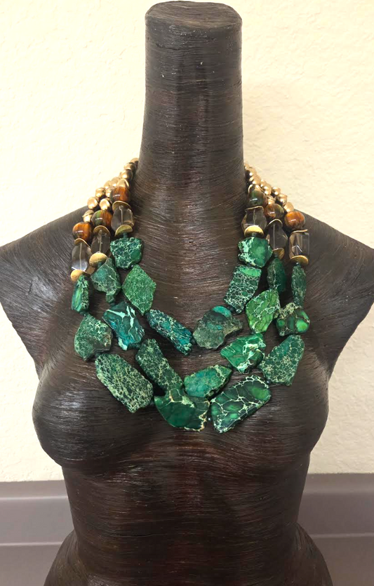 Green Sea Sediment Slab, Smoky Quartz & Brass Statement Chest Piece