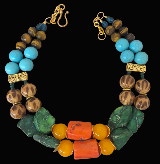 Colorful Mixed Media Beaded Two Strand Statement Necklace - Business