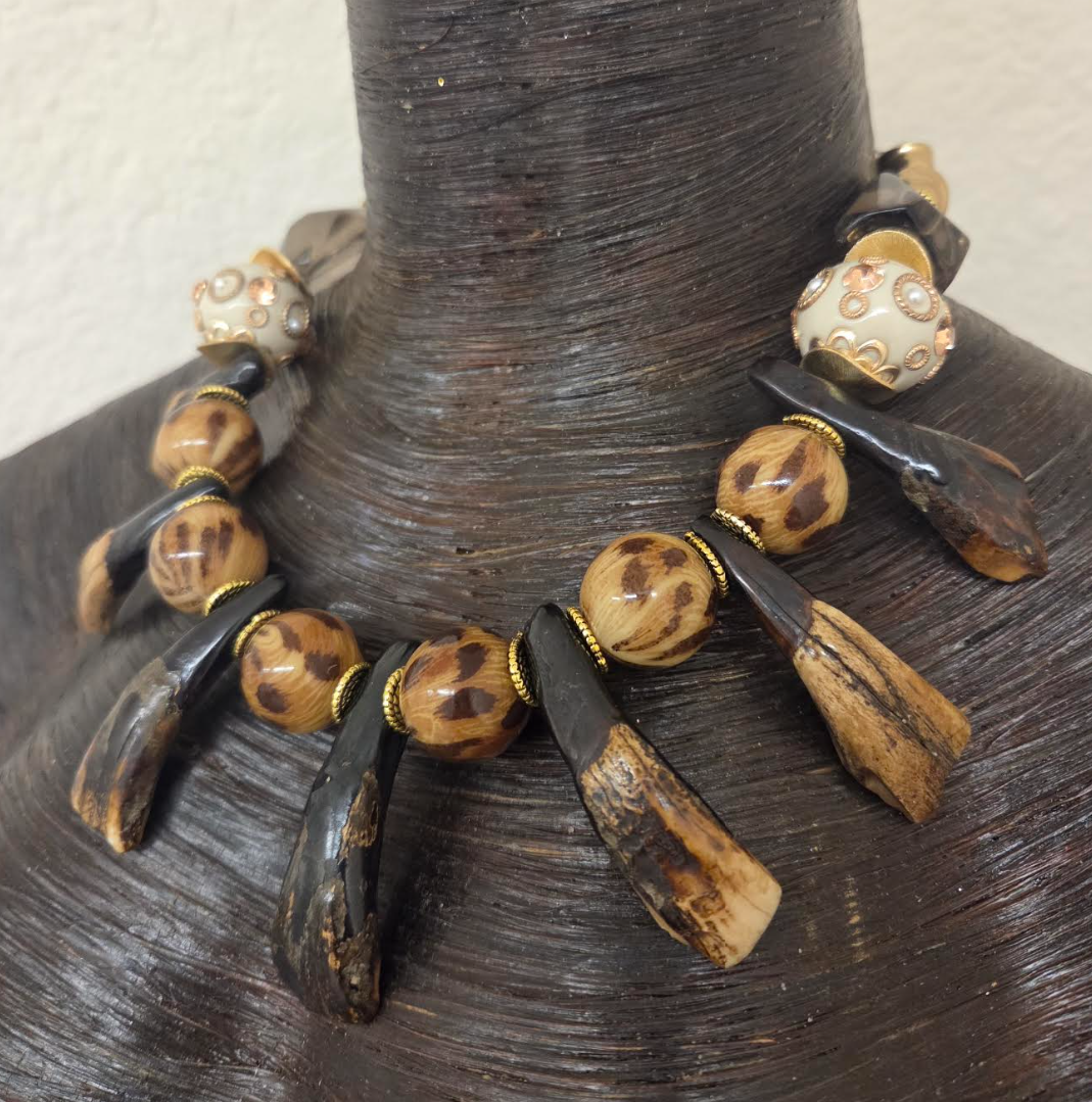 Leopard & Stained Buffalo Incisor Teeth Tribal Necklace - Androgynous
