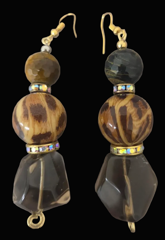 Brown Gemstone & Wild Leopard Beaded Dangle Pierced Earrings - Luxe