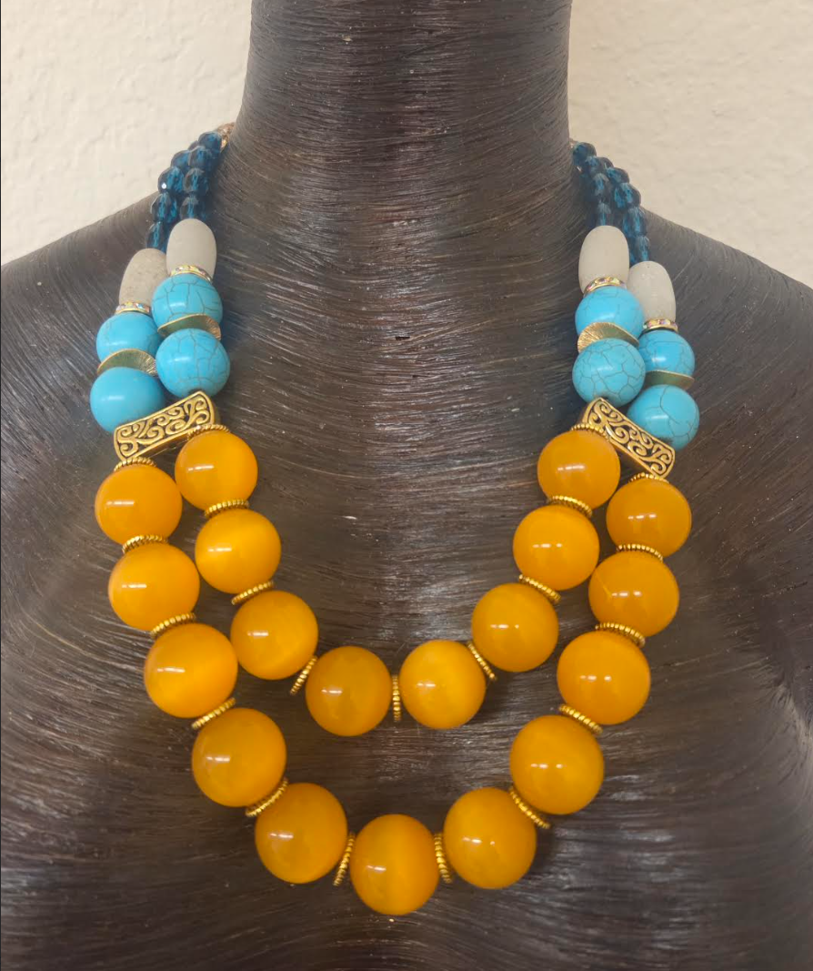 Double Strand Yellow Tiger's Eye & Mixed Media Beaded Necklace - Bold
