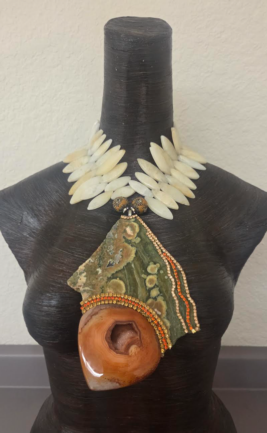 Rainforest Jasper Slab with Orange Druzy Agate Pendant Chest Piece