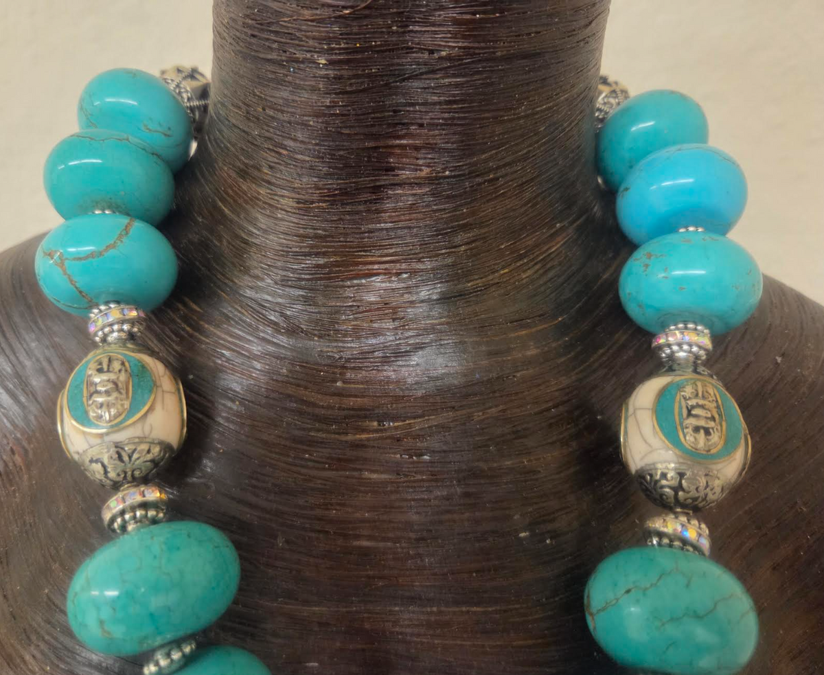 Blue Magnesite Rondelle Tribal Statement Necklace with Dragon Pendant