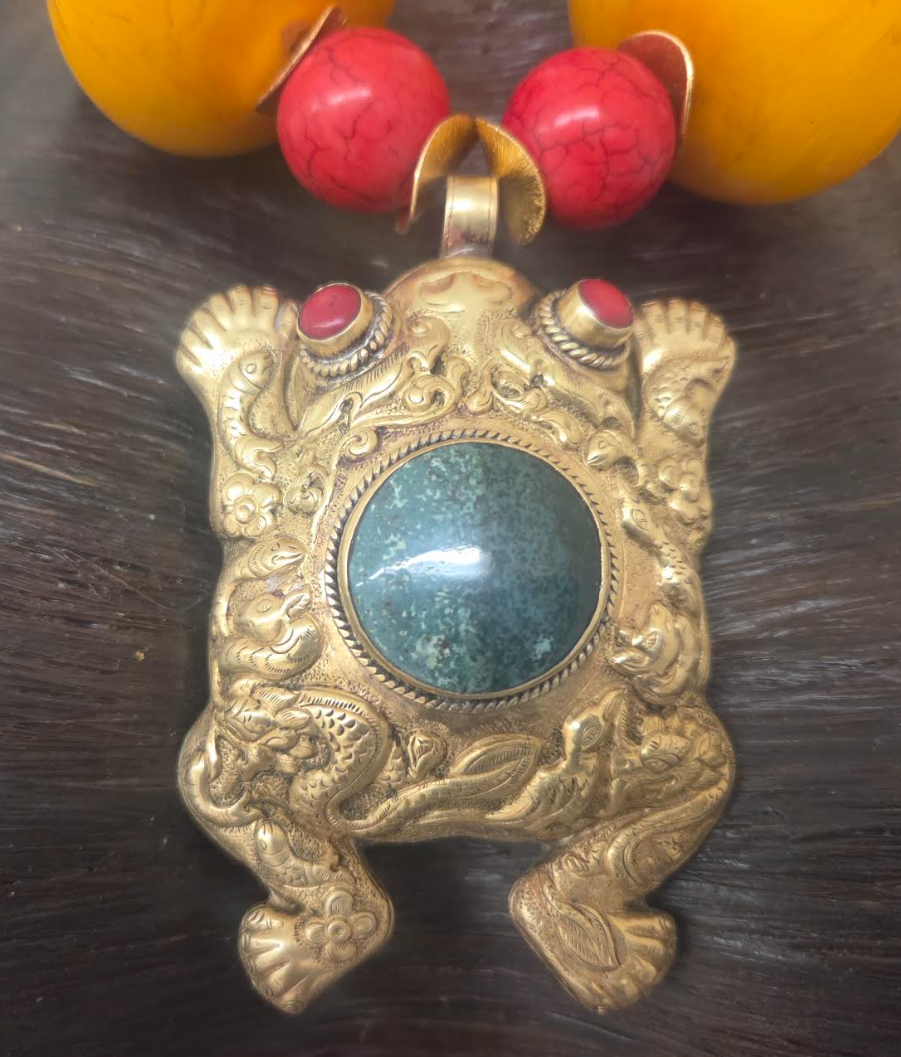 Orange Moroccan Resin Beaded Tribal Statement Necklace & Frog Pendant