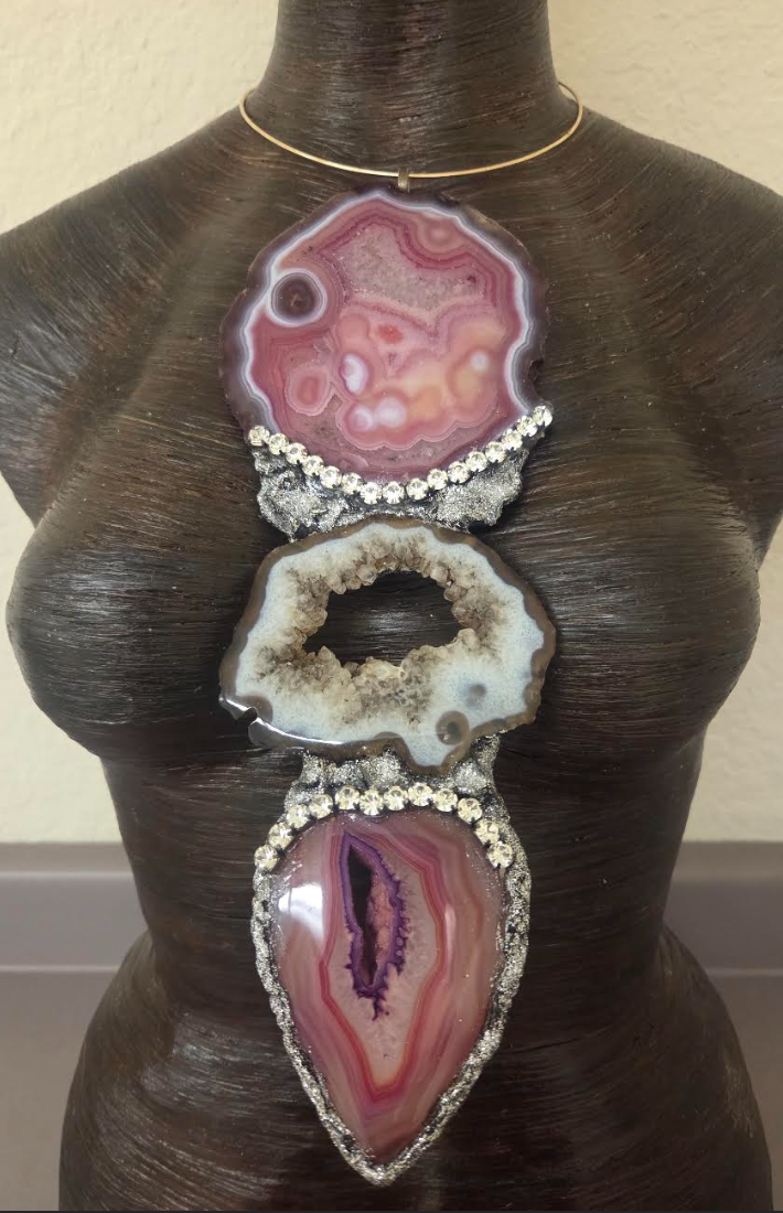 Red, Pink & Black Druzy Agate Gemstone Totem Pendant - Androgynous