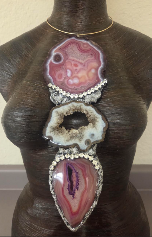 Red, Pink & Black Druzy Agate Gemstone Totem Pendant - Androgynous