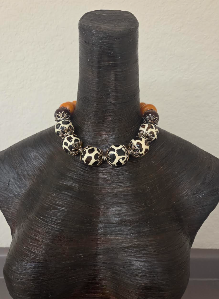 Exotic Giraffe Print Zebu Bone Oversized Beaded Statement Necklace