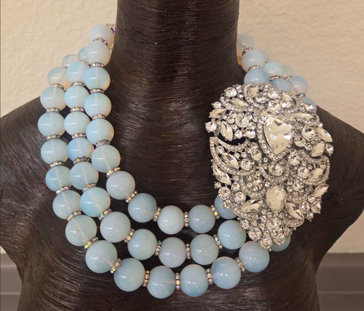 Opalescent Multi-Strand Statement Necklace W/Rhinestone Pendant - Luxe