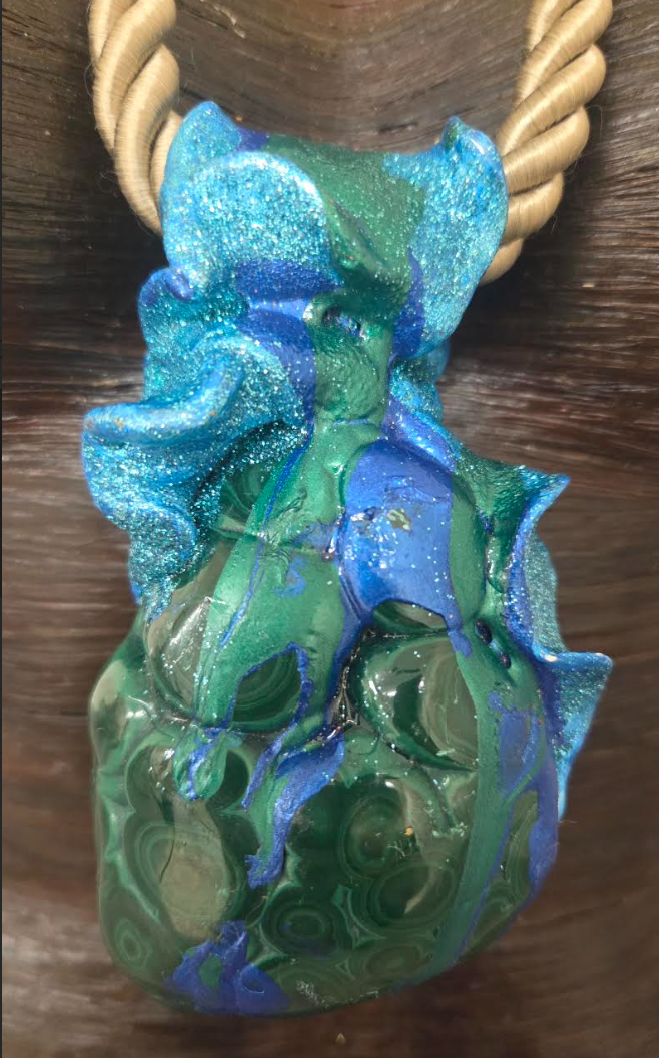 Polished Malachite Azurite Sculpted Statement Pendant w/ Beige Rope