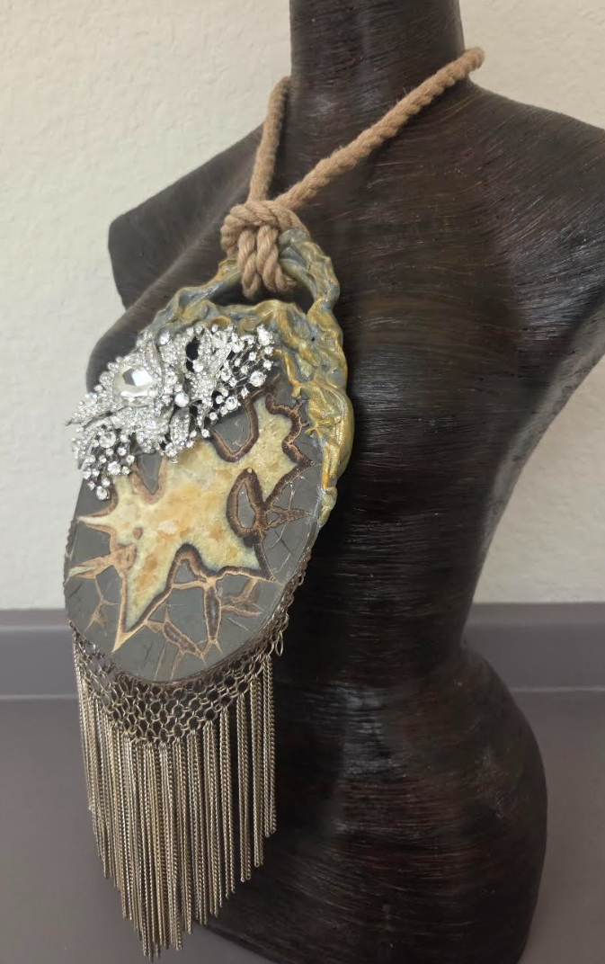 Septarian Slab Chainmail Pendant with Ornate Rhinestone Jewel