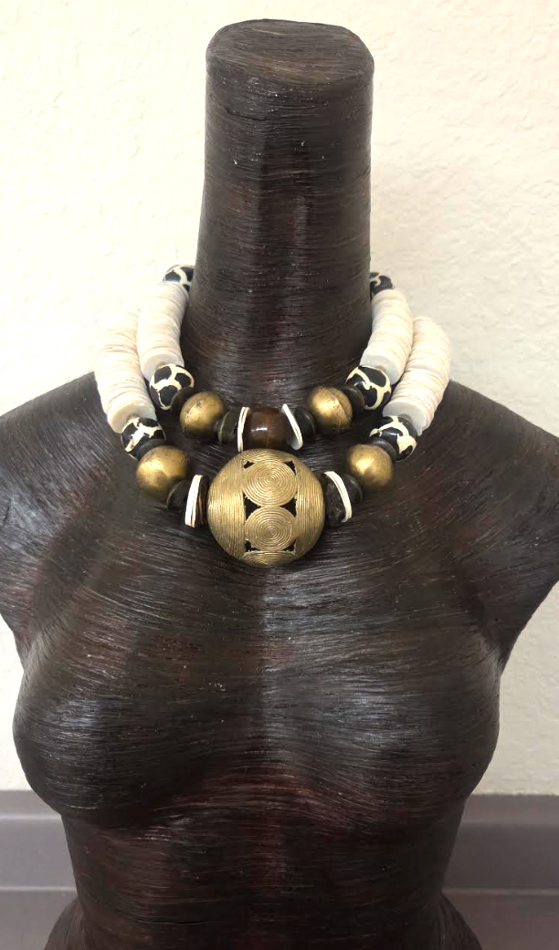 Tribal Luxury Statement Necklace Set of Two - Cream, Brown & Gold