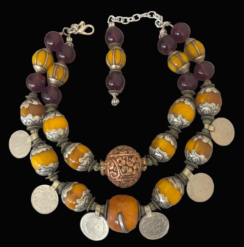 Tibetan Inspired Beaded Kuchi Coin Exotic Tribal Statement Necklace