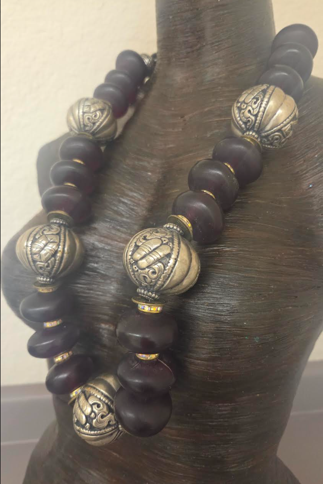 Burgundy Moroccan Resin & Tibetan Repousse Beaded Tribal Rope