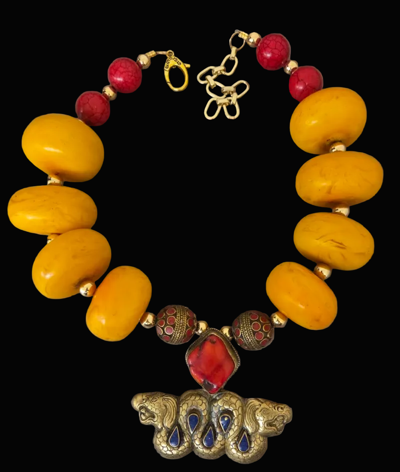 Oversized Orange Moroccan Resin Tribal Necklace - Double Dragon Pendant
