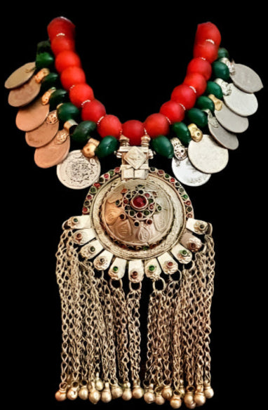 Vintage Tribal Chest Piece with Kuchi Coins, Glass & A Waziri Architectural Dome Pendant