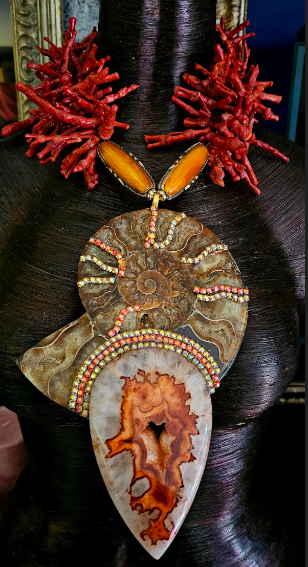 Ammonite Fossil & Druzy Agate Pendant With Coral Necklace - High End OOAK Wearable Art Chest Piece - Autumn Breast Plate Accessory for Celebrity Stylists - Kat Kouture Jewelry