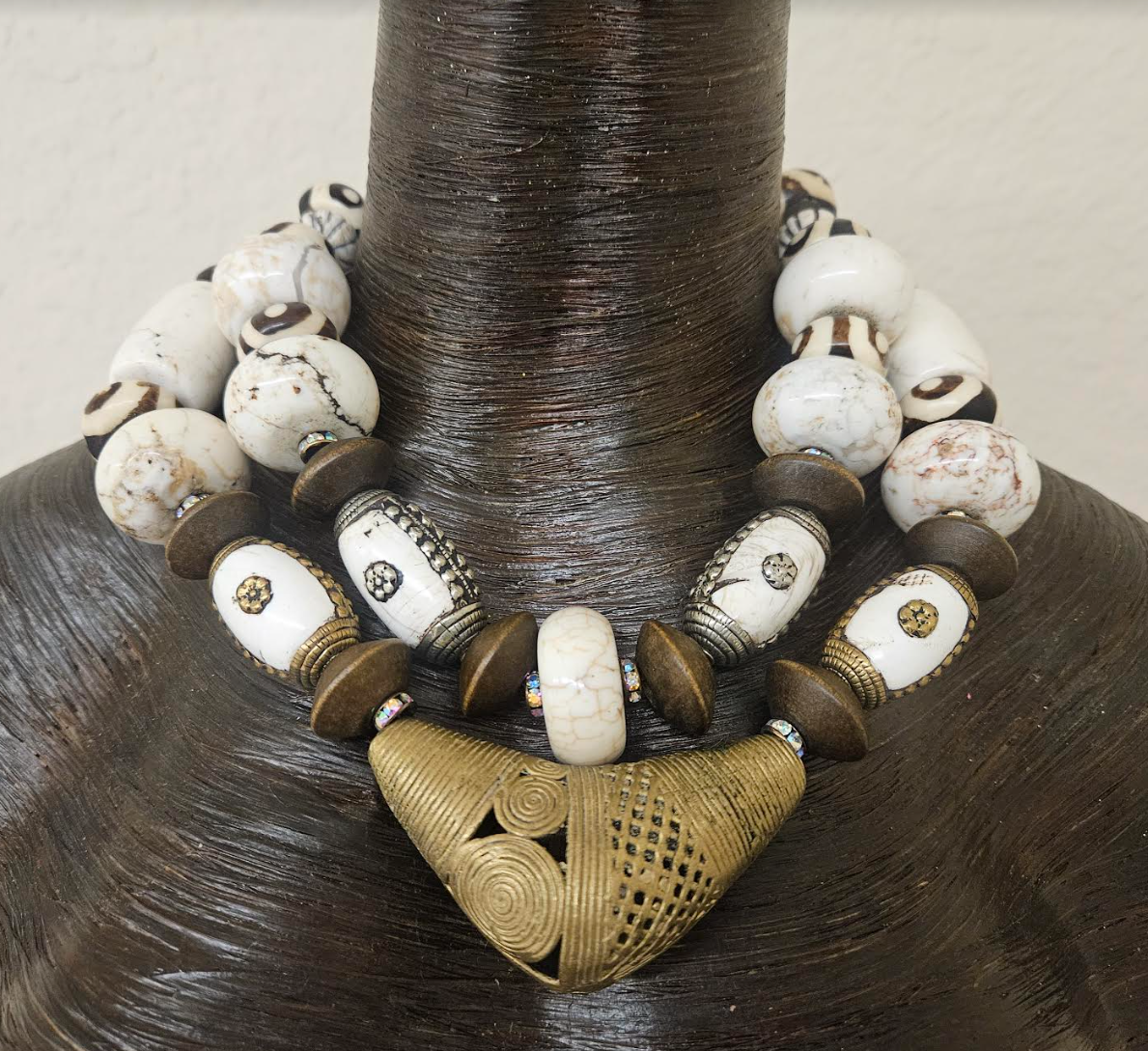 White Brown and Gold Beaded Luxury Tribal Statement Necklace for Socialites - Lost Wax Brass Elbow Off White Summer Neck Candy - Bold Chunky Heavy High End Beaded Choker -  Kat Kouture Jewelry