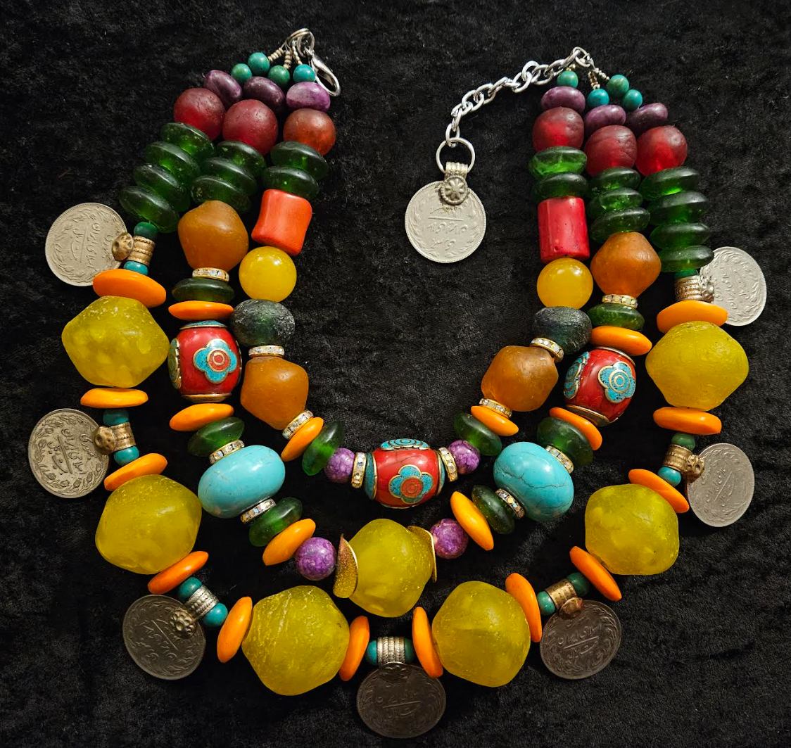 Oversized Beaded Mixed Media Tribal Statement Necklace with Kuchi Coins - Colorful Bold Chunky & Heavy Ethnic Multi Strand Unisex Necklace - Kat Kouture Jewelry