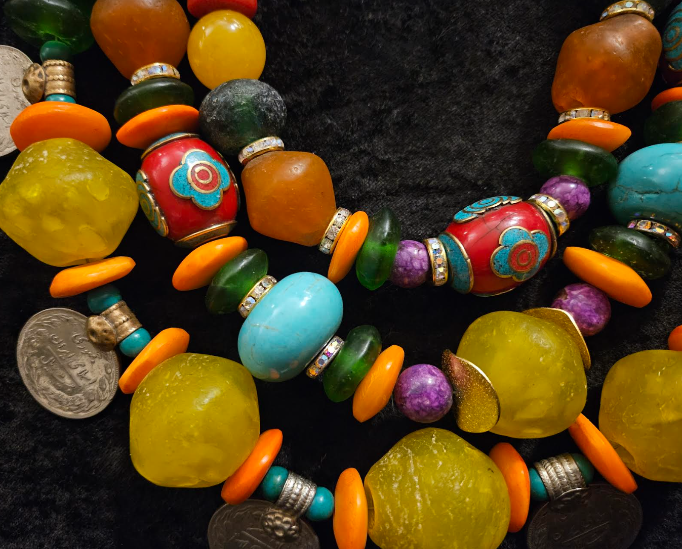 Oversized Beaded Mixed Media Tribal Statement Necklace with Kuchi Coins - Colorful Bold Chunky & Heavy Ethnic Multi Strand Unisex Necklace - Kat Kouture Jewelry