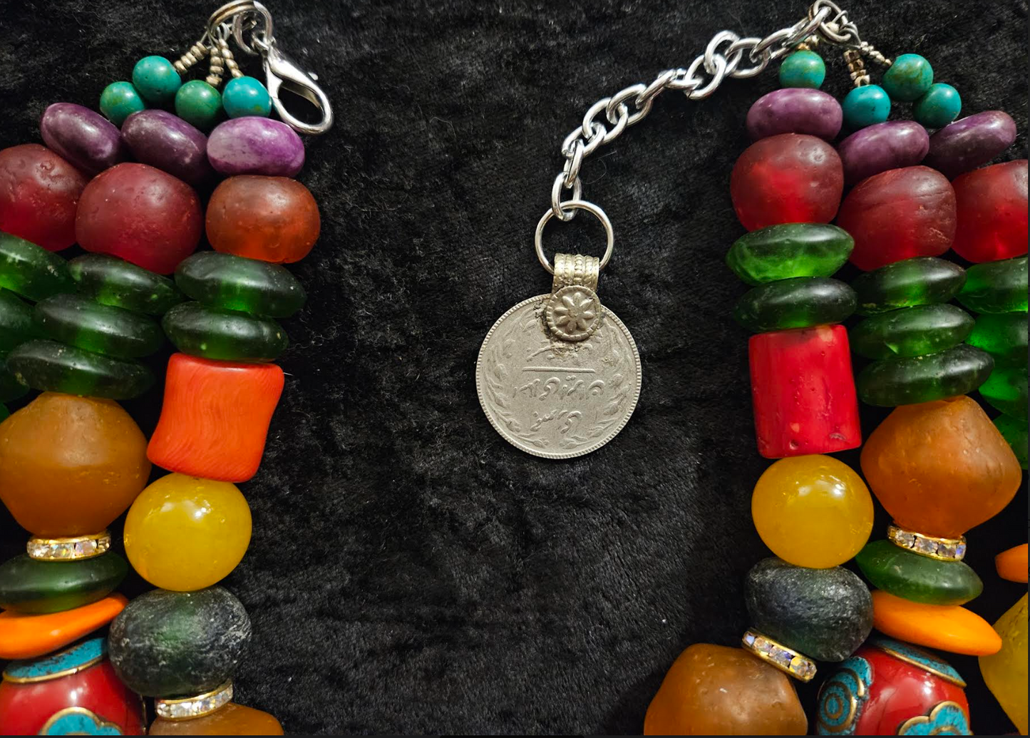 Oversized Beaded Mixed Media Tribal Statement Necklace with Kuchi Coins - Colorful Bold Chunky & Heavy Ethnic Multi Strand Unisex Necklace - Kat Kouture Jewelry