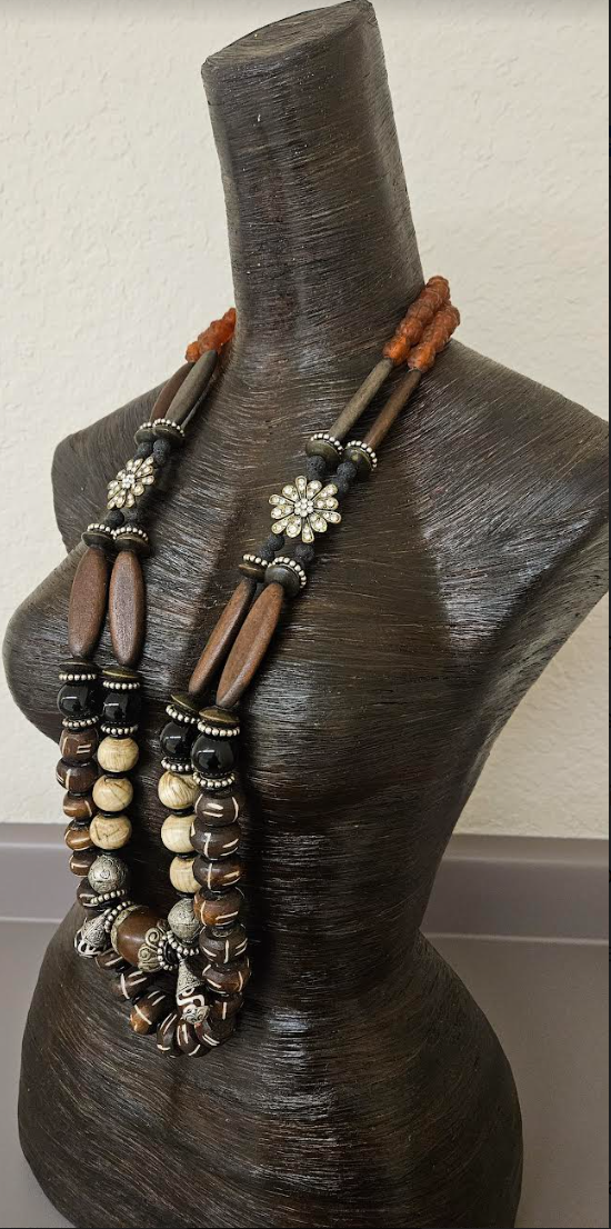 Earth Tone Brown Black and Beige Beaded Chest Piece for Unisex - Conch Bone Gemstone Wood & Glass African Statement Necklace - Kat Kouture Jewelry