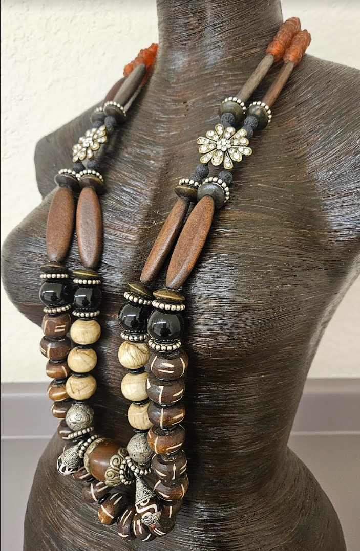 Earth Tone Brown Black and Beige Beaded Chest Piece for Unisex - Conch Bone Gemstone Wood & Glass African Statement Necklace - Kat Kouture Jewelry