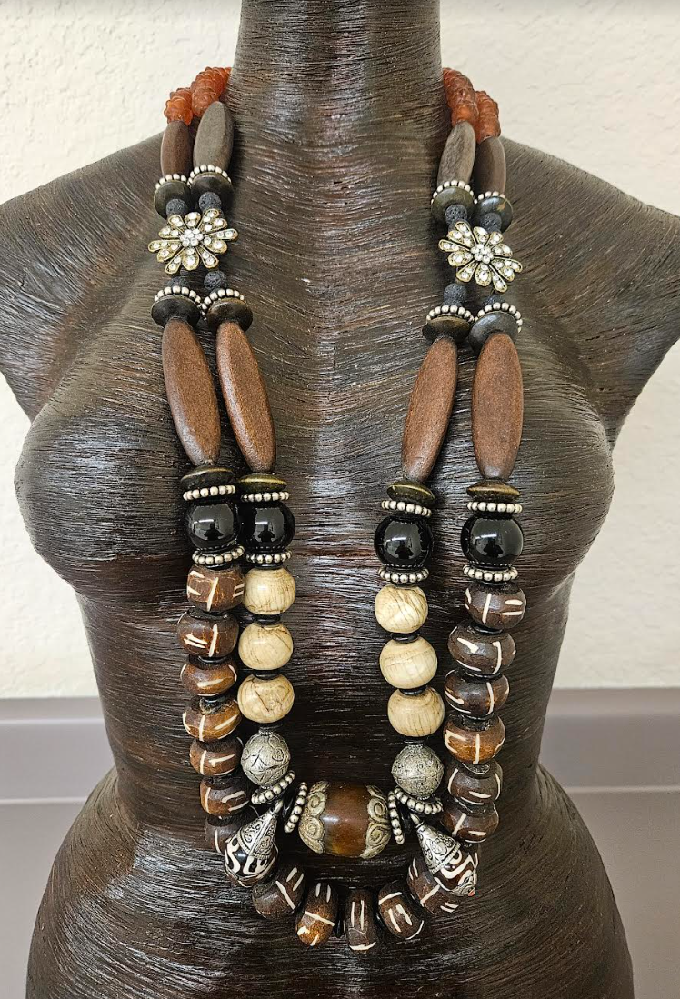 Earth Tone Brown Black and Beige Beaded Chest Piece for Unisex - Conch Bone Gemstone Wood & Glass African Statement Necklace - Kat Kouture Jewelry