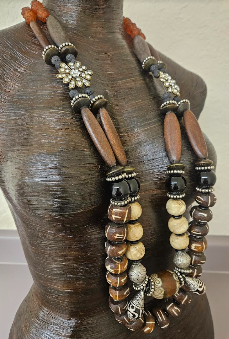 Earth Tone Brown Black and Beige Beaded Chest Piece for Unisex - Conch Bone Gemstone Wood & Glass African Statement Necklace - Kat Kouture Jewelry