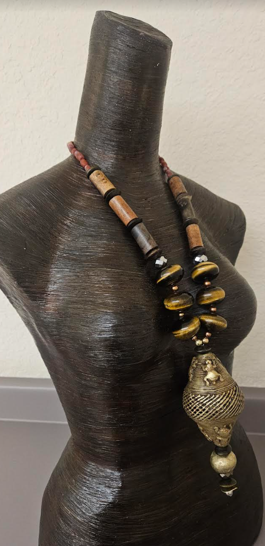 Earth Tone Unisex Tiger's Eye Wood & African Brass Tribal Statement Pendant - Men's Lost Wax Brass Crocodile Warrior Amulet - Bold Chunky Heavy Autumn Chest Piece - Kat Kouture Jewelry