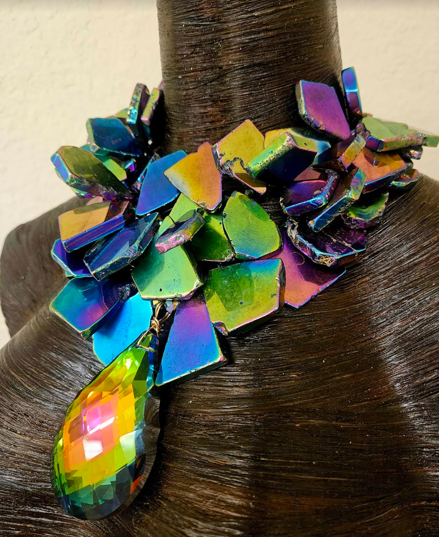 Rainbow Crystal Slice Statement Necklace With Faceted Aurora Borealis Pendant - Titanium Quartz Slab Choker Neck Candy - Kat Kouture Jewelry - Mother of the Bride Necklace - Formal Event Accessory