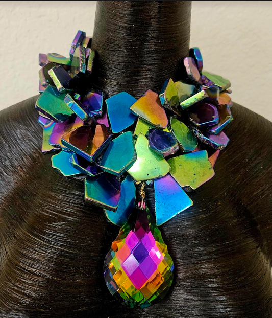 Rainbow Crystal Slice Statement Necklace With Faceted Aurora Borealis Pendant - Titanium Quartz Slab Choker Neck Candy - Kat Kouture Jewelry - Mother of the Bride Necklace - Formal Event Accessory