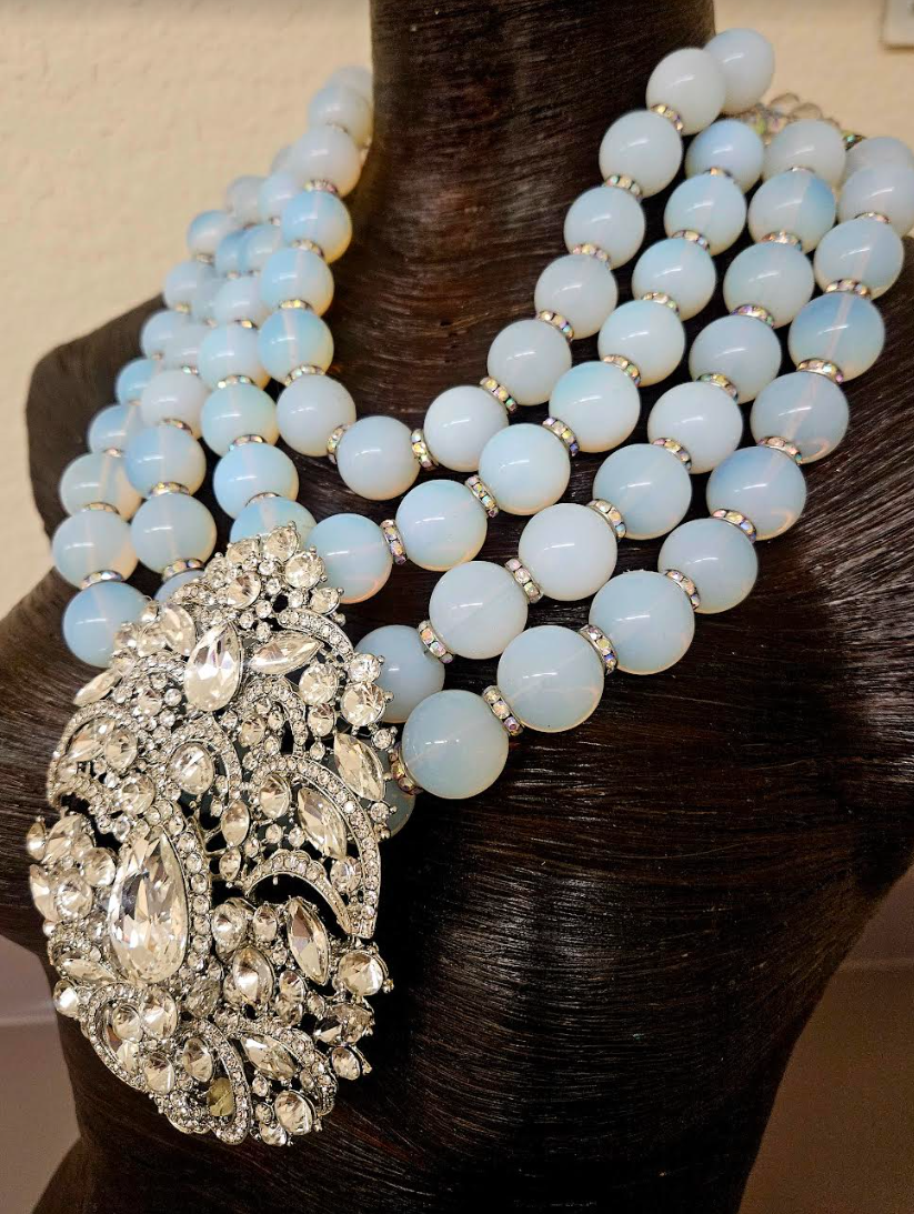 Manmade Opal Multi Strand Necklace With Huge Rhinestone Pendant - Wedding Bridal Venue Statement Necklace - Drop Dead Gorgeous Black Tie Bling Chest Piece - Kat Kouture Jewelry