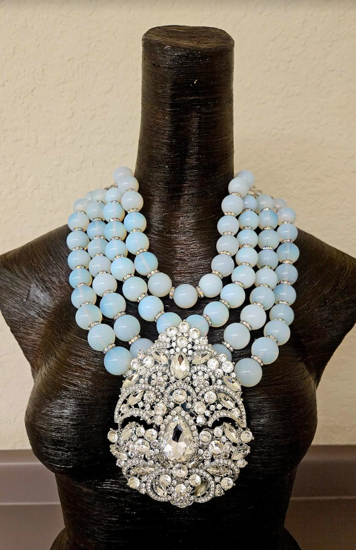 Manmade Opal Multi Strand Necklace With Huge Rhinestone Pendant - Wedding Bridal Venue Statement Necklace - Drop Dead Gorgeous Black Tie Bling Chest Piece - Kat Kouture Jewelry