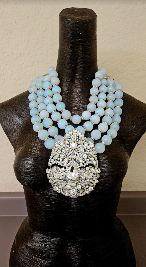 Manmade Opal Multi Strand Necklace With Huge Rhinestone Pendant - Wedding Bridal Venue Statement Necklace - Drop Dead Gorgeous Black Tie Bling Chest Piece - Kat Kouture Jewelry