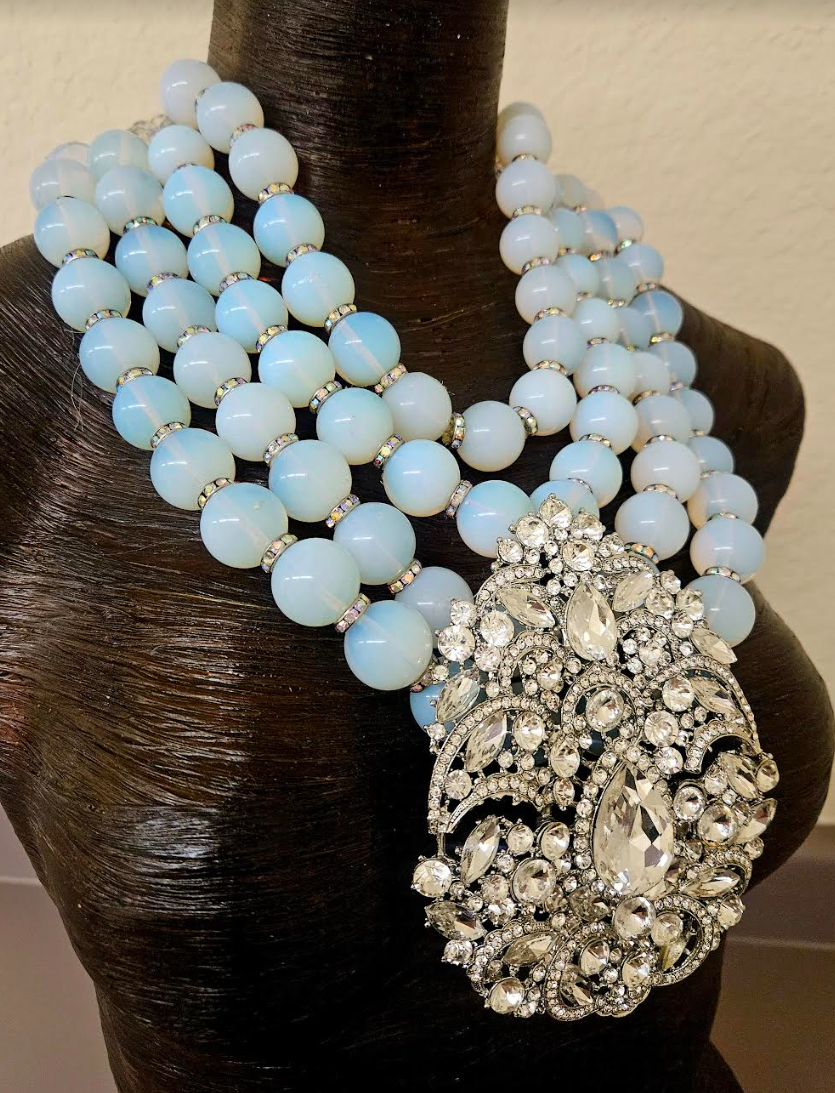 Manmade Opal Multi Strand Necklace With Huge Rhinestone Pendant - Wedding Bridal Venue Statement Necklace - Drop Dead Gorgeous Black Tie Bling Chest Piece - Kat Kouture Jewelry