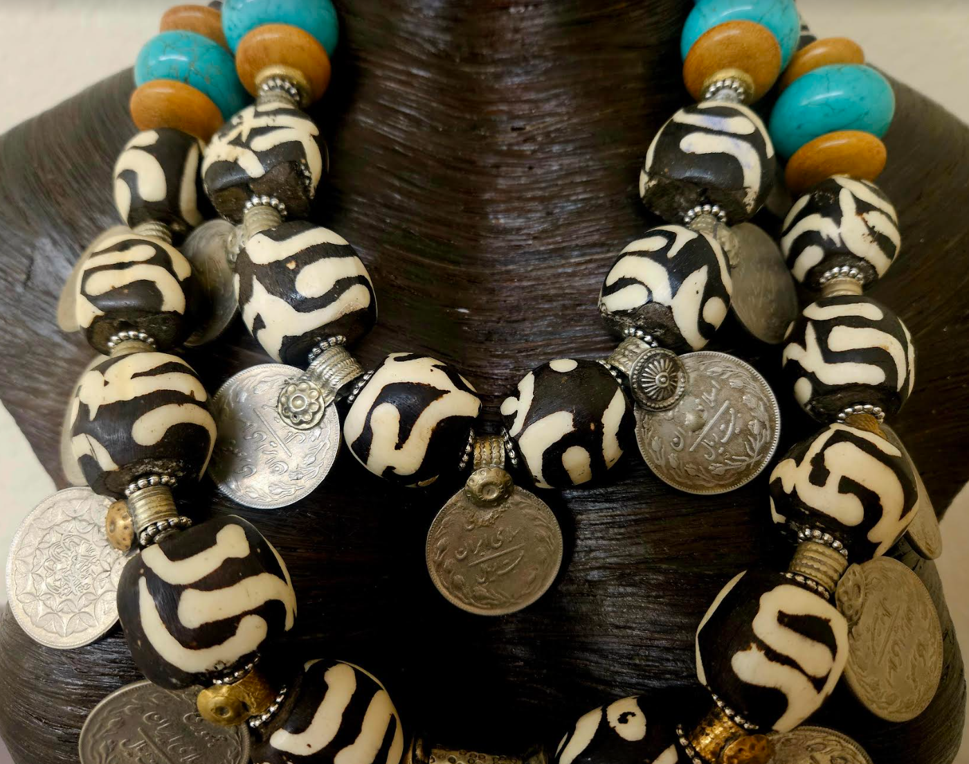 Oversized Zebu Bone Tribal Statement Necklace With Kuchi Coins & Tibetan Dragonfly Pendant, African Inspired Beaded Necklace, Belly Dancer Jewelry