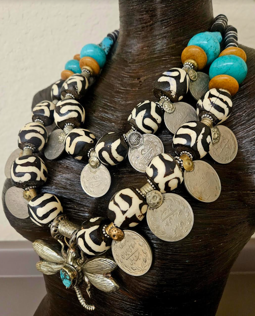 Oversized Zebu Bone Tribal Statement Necklace With Kuchi Coins & Tibetan Dragonfly Pendant, African Inspired Beaded Necklace, Belly Dancer Jewelry