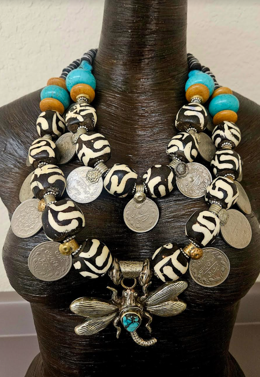 Oversized Zebu Bone Tribal Statement Necklace With Kuchi Coins & Tibetan Dragonfly Pendant, African Inspired Beaded Necklace, Belly Dancer Jewelry