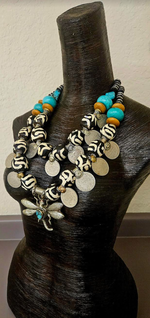 Oversized Zebu Bone Tribal Statement Necklace With Kuchi Coins & Tibetan Dragonfly Pendant, African Inspired Beaded Necklace, Belly Dancer Jewelry