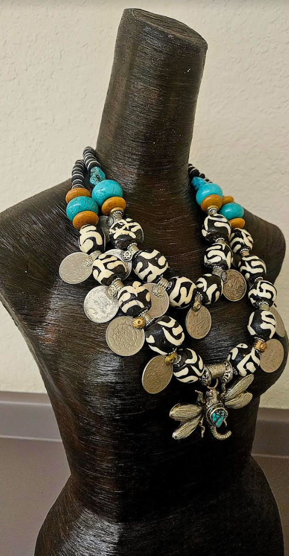 Oversized Zebu Bone Tribal Statement Necklace With Kuchi Coins & Tibetan Dragonfly Pendant, African Inspired Beaded Necklace, Belly Dancer Jewelry