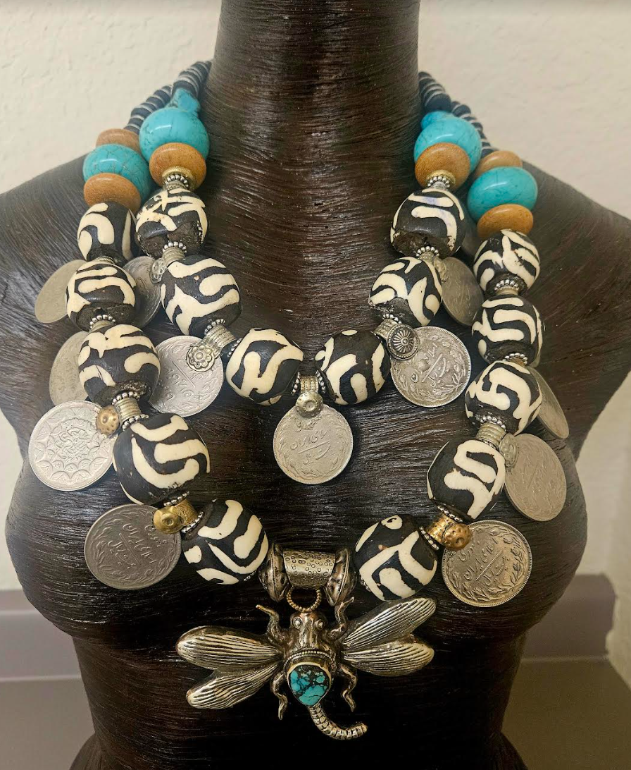 Oversized Zebu Bone Tribal Statement Necklace With Kuchi Coins & Tibetan Dragonfly Pendant, African Inspired Beaded Necklace, Belly Dancer Jewelry