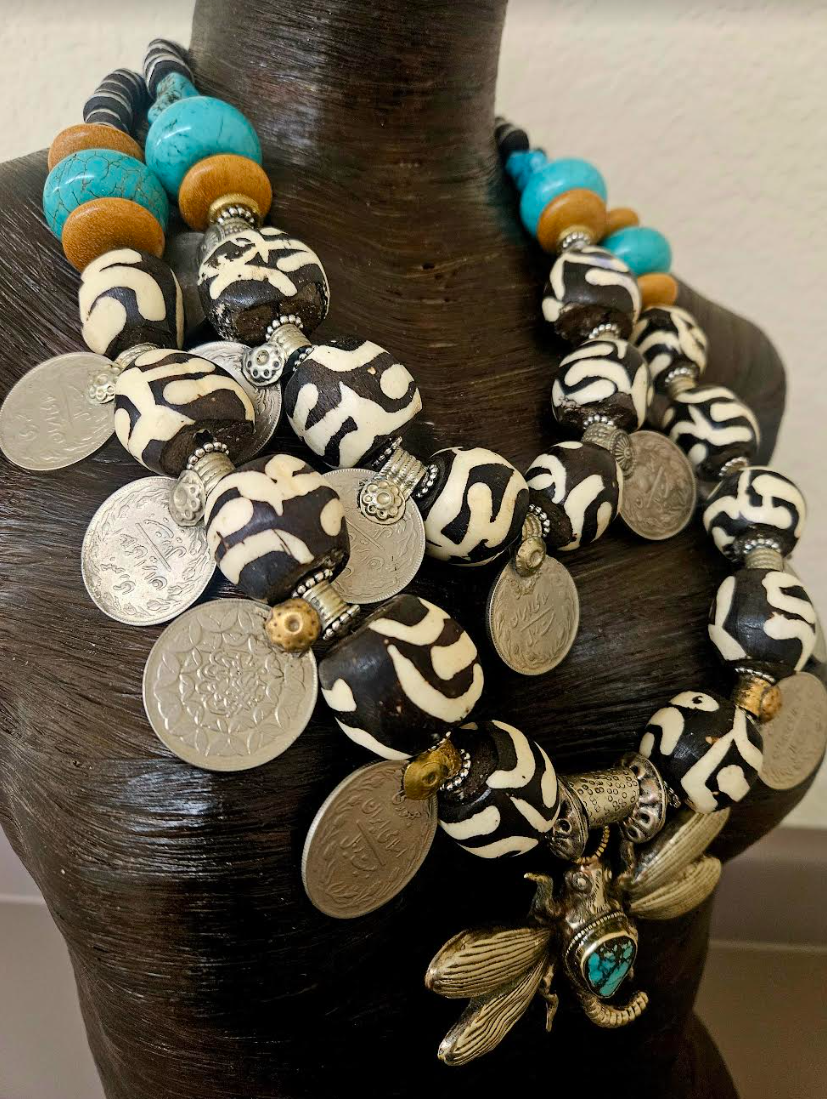 Oversized Zebu Bone Tribal Statement Necklace With Kuchi Coins & Tibetan Dragonfly Pendant, African Inspired Beaded Necklace, Belly Dancer Jewelry