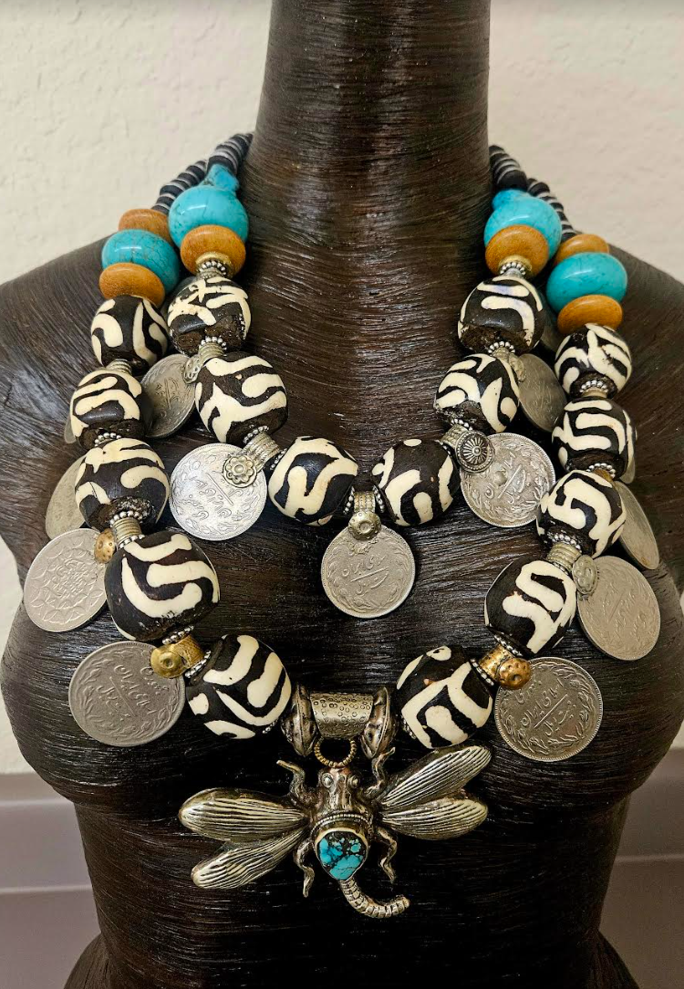 Oversized Zebu Bone Tribal Statement Necklace With Kuchi Coins & Tibetan Dragonfly Pendant, African Inspired Beaded Necklace, Belly Dancer Jewelry