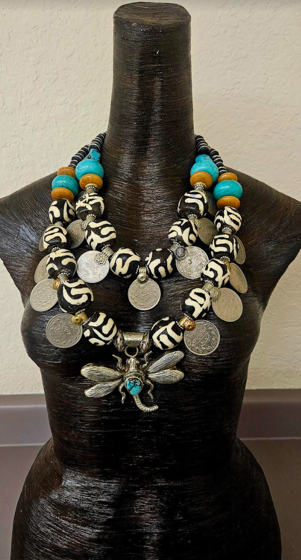 Oversized Zebu Bone Tribal Statement Necklace With Kuchi Coins & Tibetan Dragonfly Pendant, African Inspired Beaded Necklace, Belly Dancer Jewelry