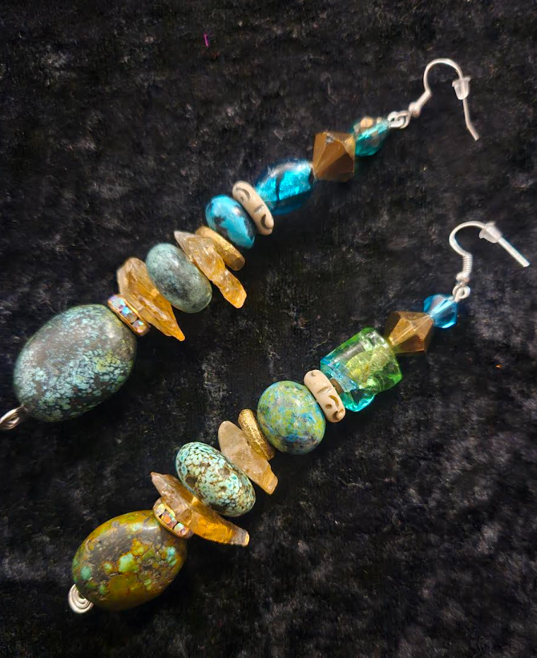 Hubei Turquoise and Gemstone Long Drop Pierced Earrings - Blue Gold and Green Mixed Media Shoulder Dusters - Cowgirl Jewelry - Kat Kouture Designs