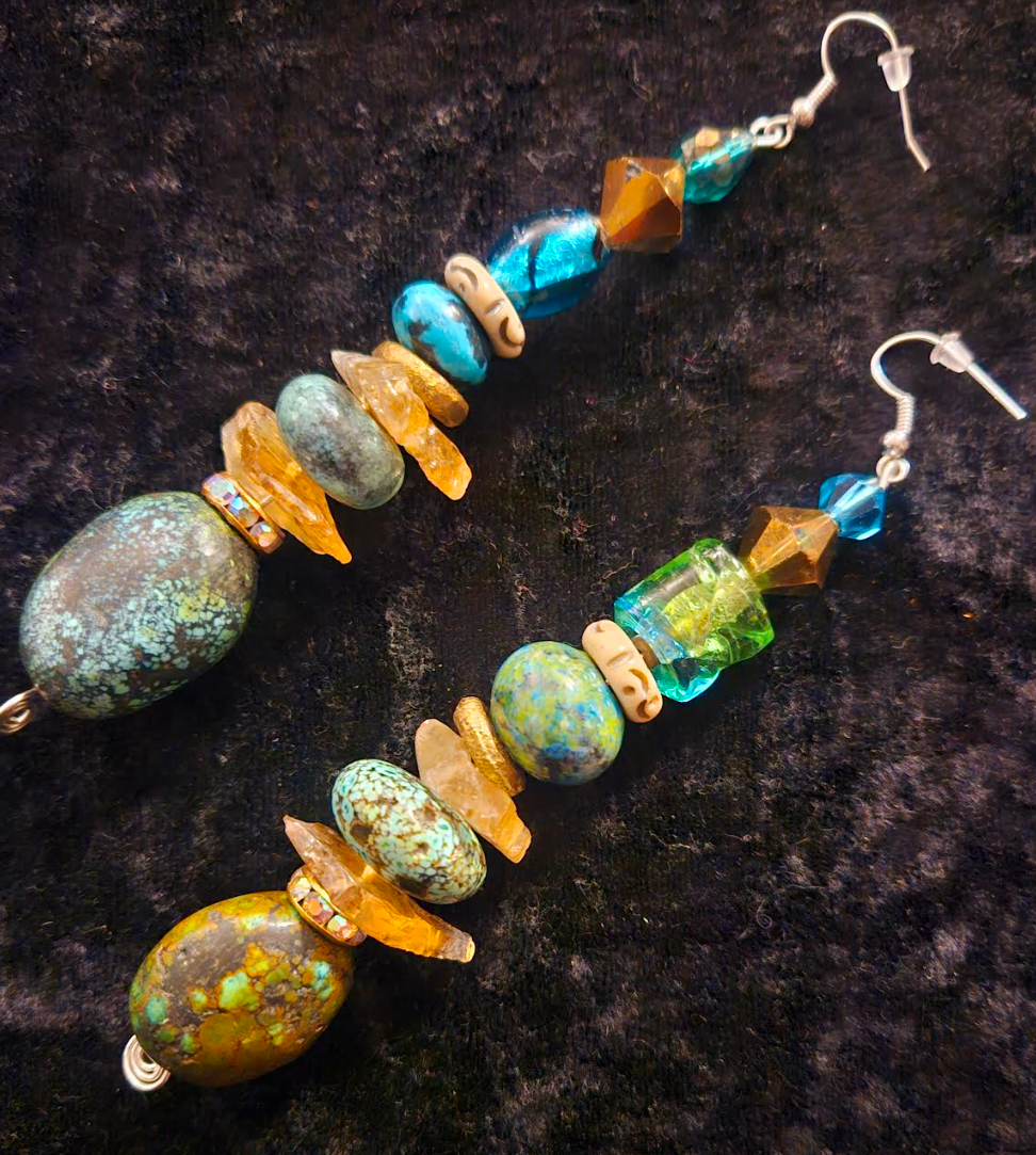 Hubei Turquoise and Gemstone Long Drop Pierced Earrings - Blue Gold and Green Mixed Media Shoulder Dusters - Cowgirl Jewelry - Kat Kouture Designs